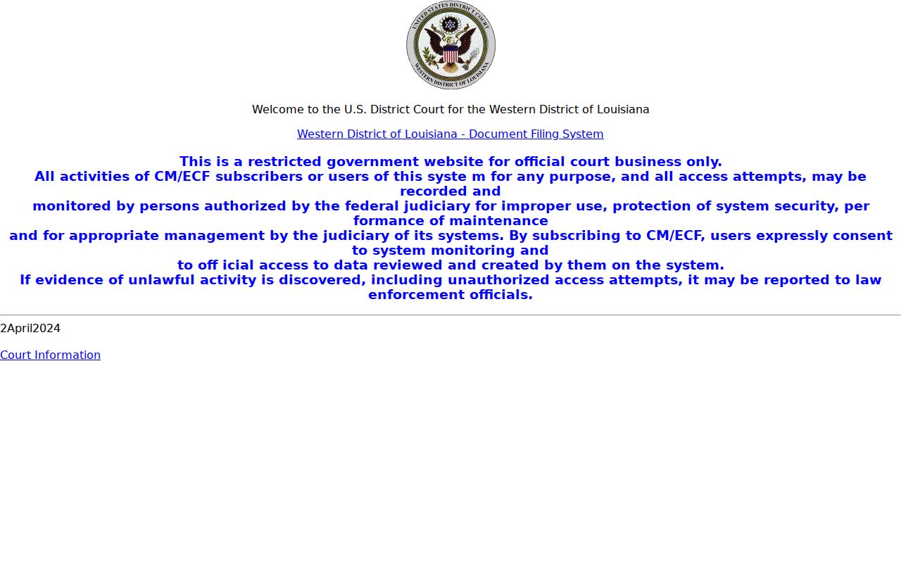 Franklin Parish case lookup Western District CM ECF access notice