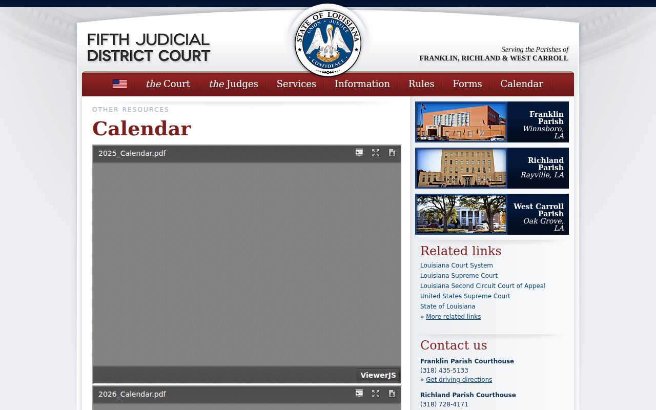 Franklin Parish court dates on the Fifth Judicial District calendar