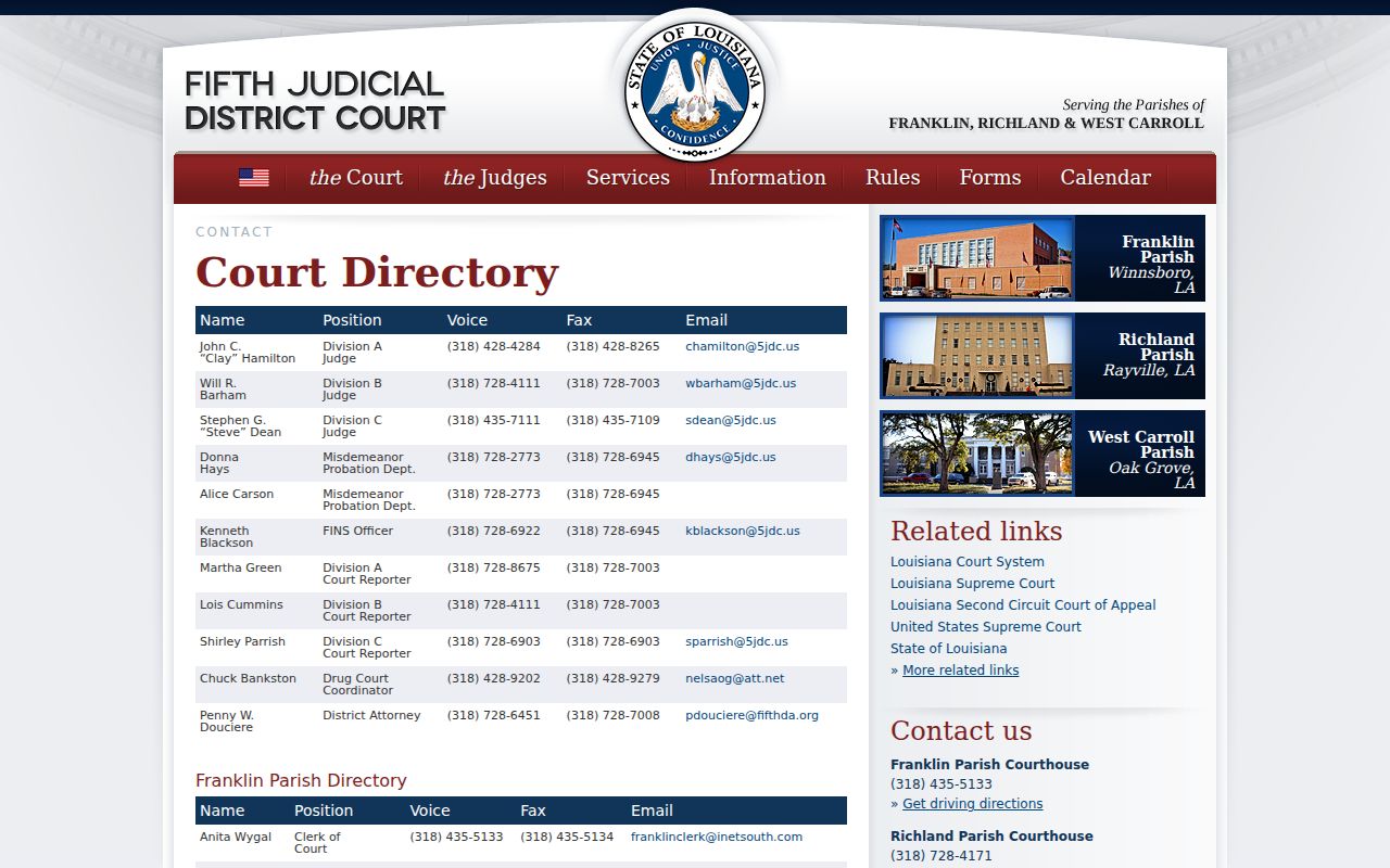 Franklin Parish court dates Fifth Judicial District directory