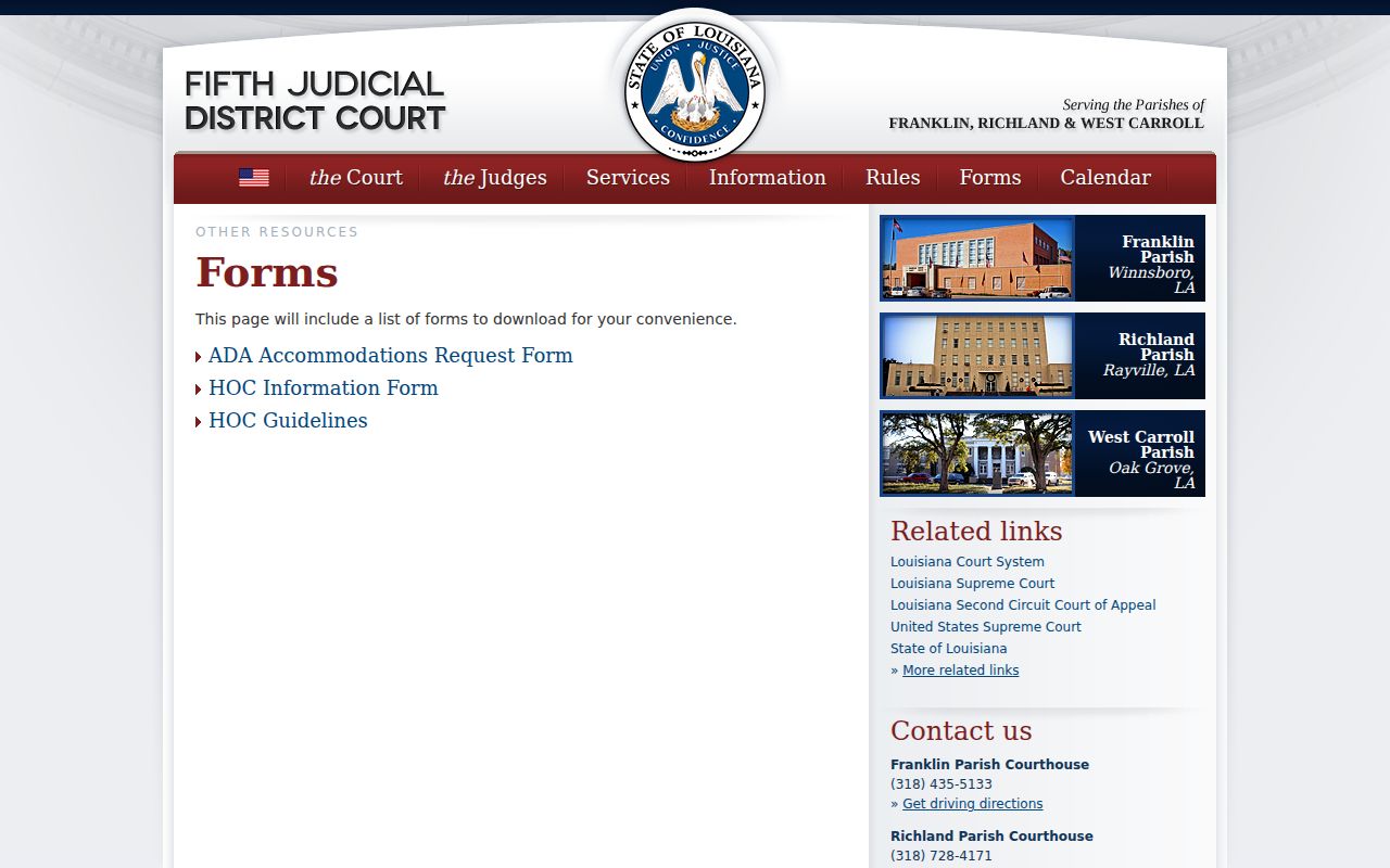 Franklin Parish court dates and Fifth Judicial District forms