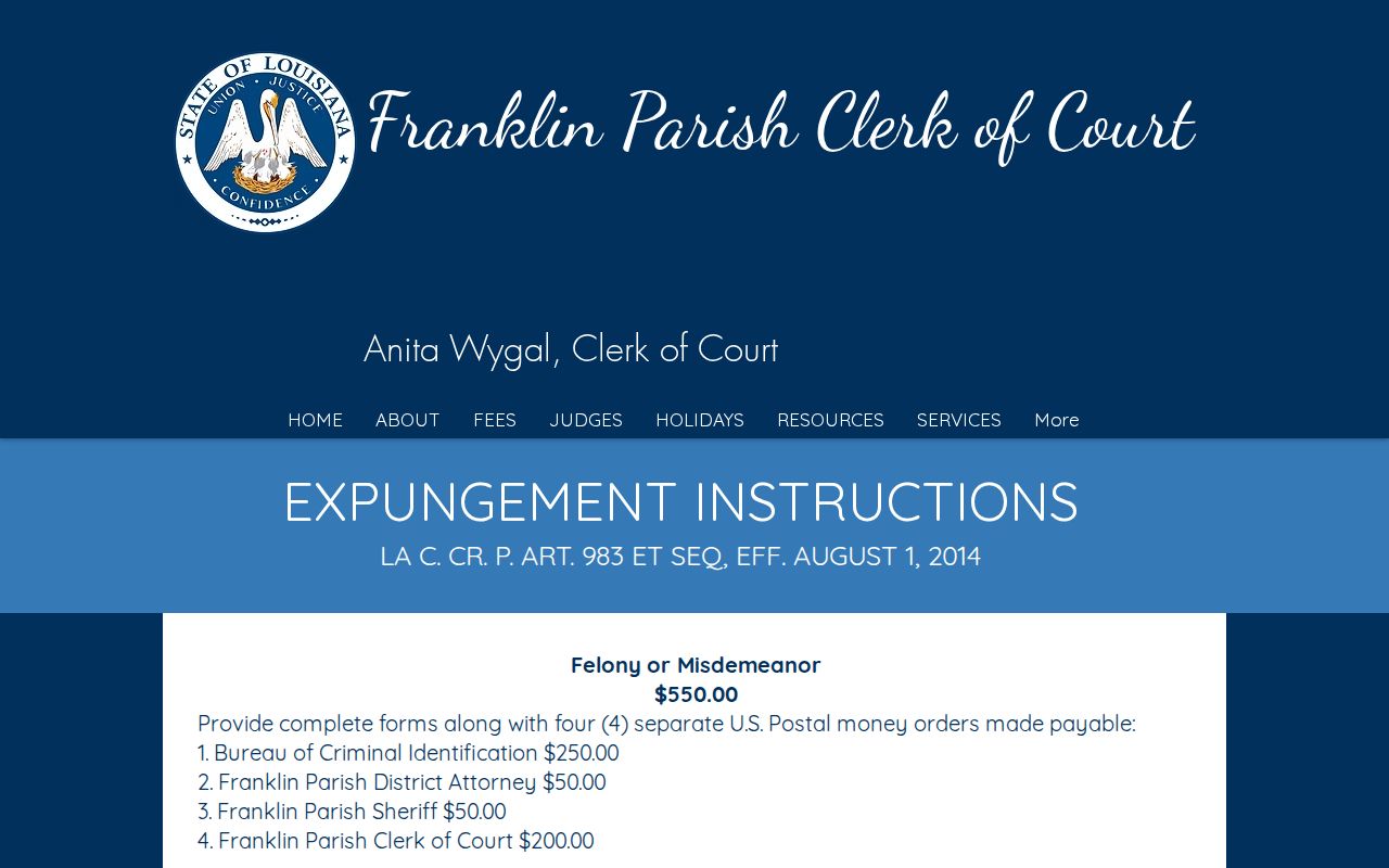 Franklin Parish criminal docket expungement instructions from the clerk