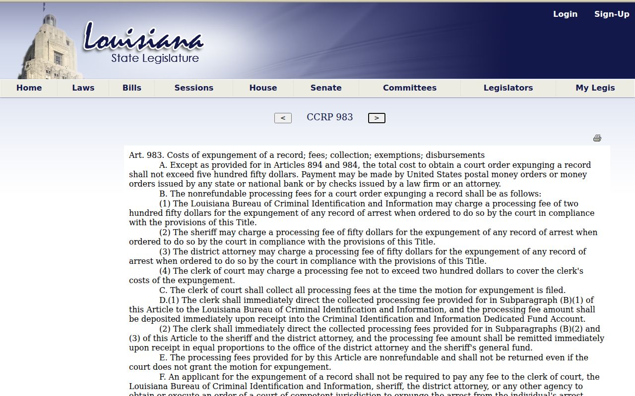 Franklin Parish criminal docket Louisiana expungement cost statute source