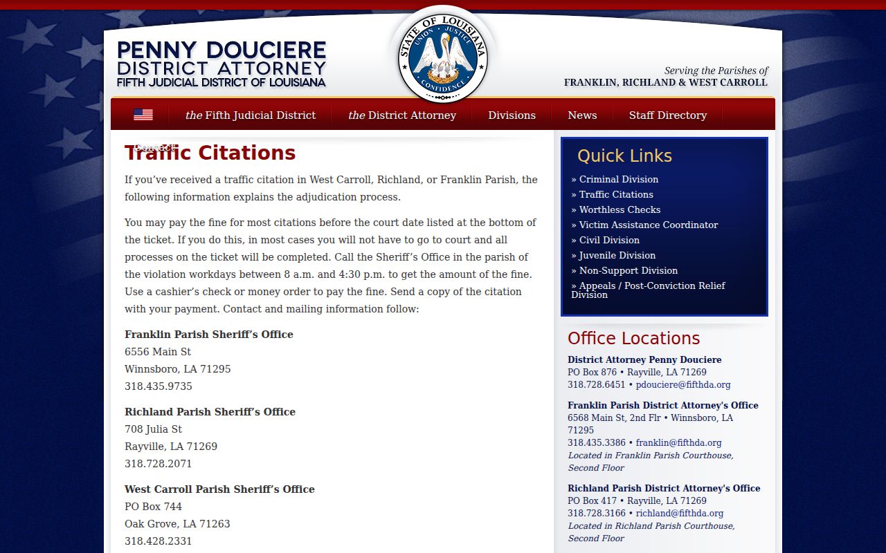 Franklin Parish traffic tickets Fifth District Attorney citation information